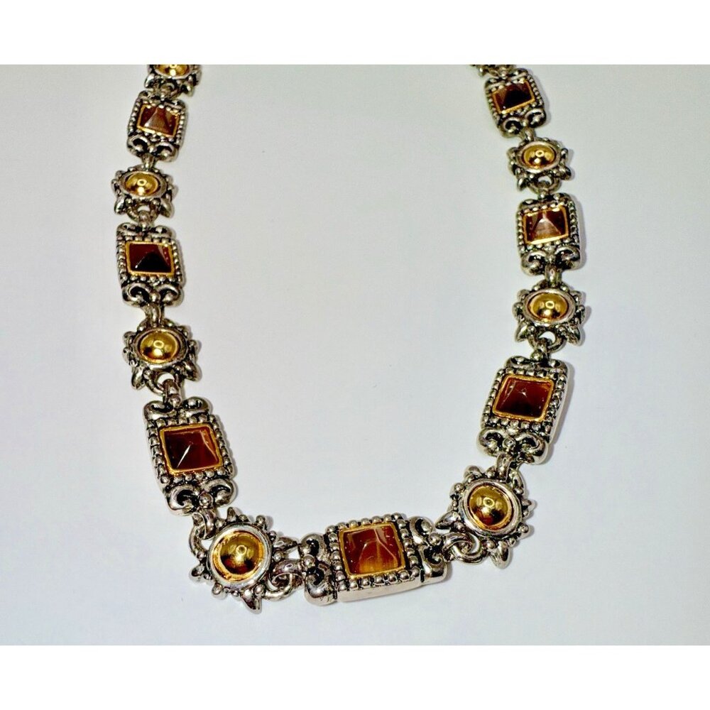 Premier Designs Blaine Necklace Antique Gold Silver Two Tone Brown Cats Eye 16"